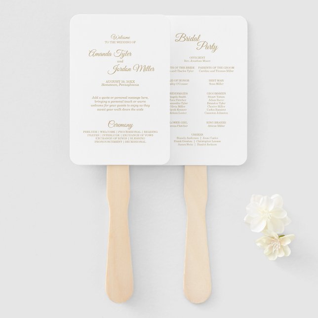 Simple Gold Calligraphy Wedding Program Hand Fan (Front and Back)