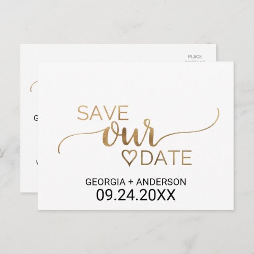 Simple Gold Calligraphy Wedding Save the Date Announcement Postcard
