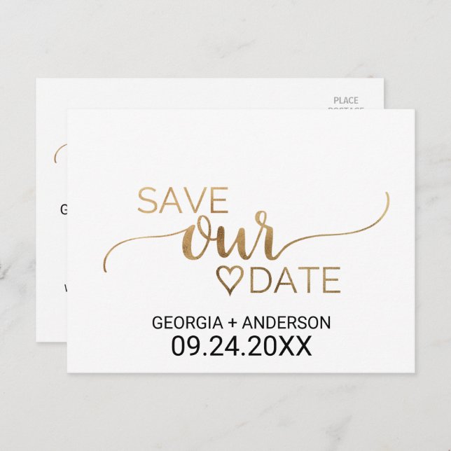 Simple Gold Calligraphy Wedding Save the Date Announcement Postcard (Front/Back)