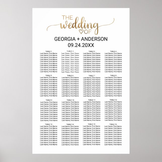 Simple Gold Calligraphy Wedding Seating Chart (Front)
