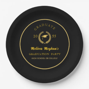 Simple Gold Cap Laurel Wreath Graduation Party Paper Plates