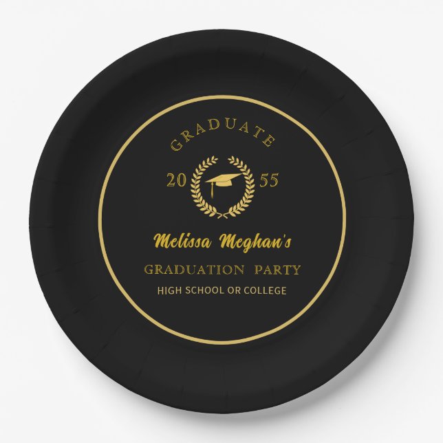 Simple Gold Cap Laurel Wreath Graduation Party  Paper Plates (Front)