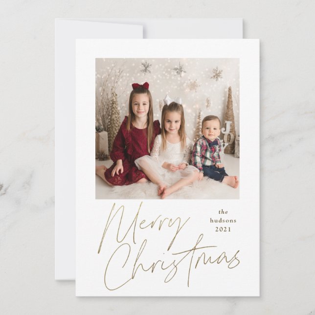 Simple Gold Christmas Calligraphy Multi-Photo  Hol Holiday Card (Front)