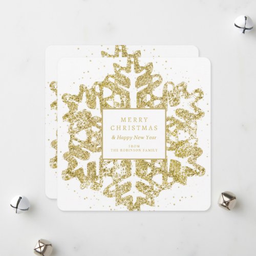 Simple Gold Christmas Glitter Snowflake Family  Holiday Card