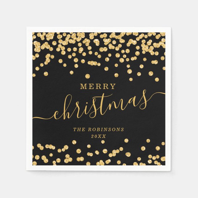 Simple GOLD Christmas Holidays Glitter Black Napkins (Front)