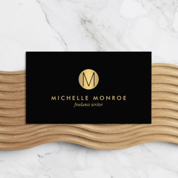 Simple Gold Circle Monogram Professional Black Business Card by 1201am at Zazzle
