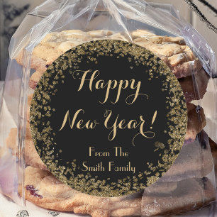Simple Gold Confetti and Black Happy New Year Classic Round Sticker