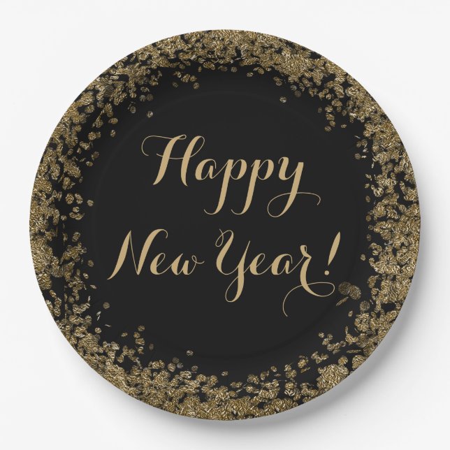 Simple Gold Confetti and Black Happy New Year Paper Plates (Front)