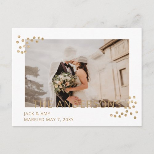 Simple Gold Confetti Photo Wedding Announcement Postcard