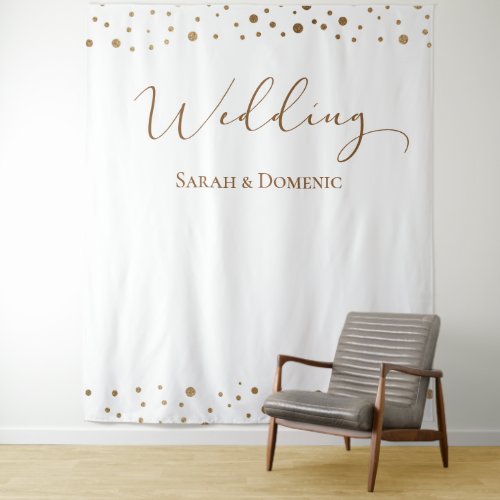 Simple Gold confetti wedding script Custom Names Tapestry