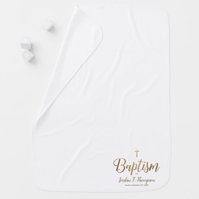 Simple Gold Cross Baby Baptism Pure White Blanket (In Situ)