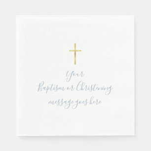 Simple Gold Cross Baptism Christening Dusty Blue Napkins