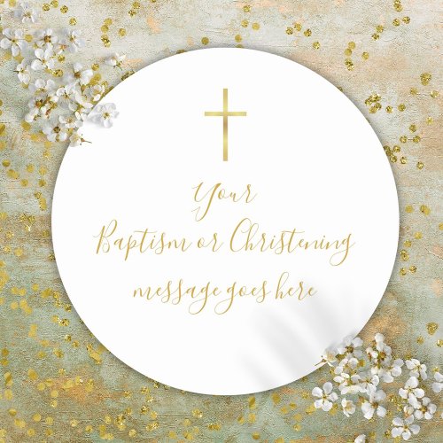 Simple Gold Cross Baptism Christening Message Classic Round Sticker