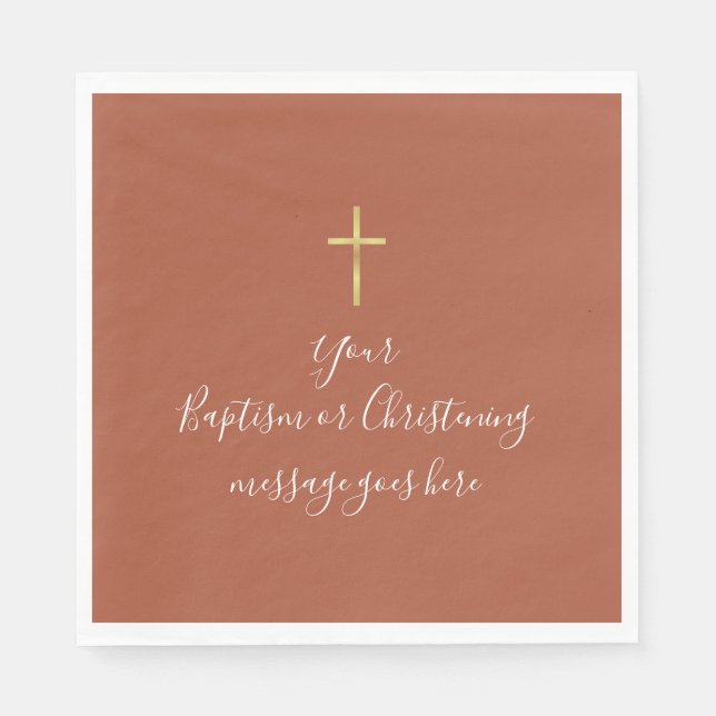 Simple Gold Cross Baptism Christening Terracotta Napkins (Front)