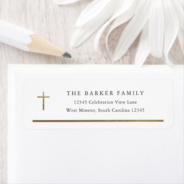 Simple Gold Cross Baptism Return Address Label (Insitu)