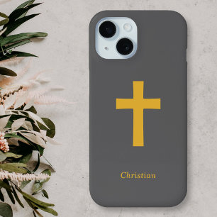 Simple Gold Cross Black iPhone 15 Case