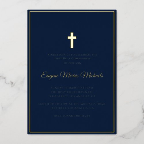 simple gold cross blue first communion foil invitation