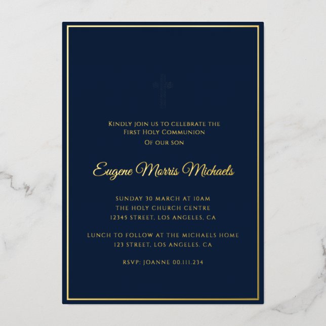 simple gold cross blue first communion foil invitation (Front)