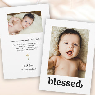 Simple gold cross Custom photos Blessed Baptism Thank You Card