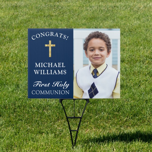 Simple Gold Cross Dark Blue 1st Communion Congrats Sign (Insitu)