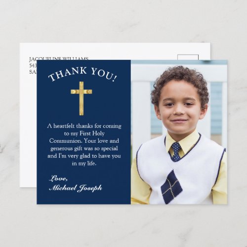 Simple Gold Cross Dark Blue 1st Communion Thanks Postcard