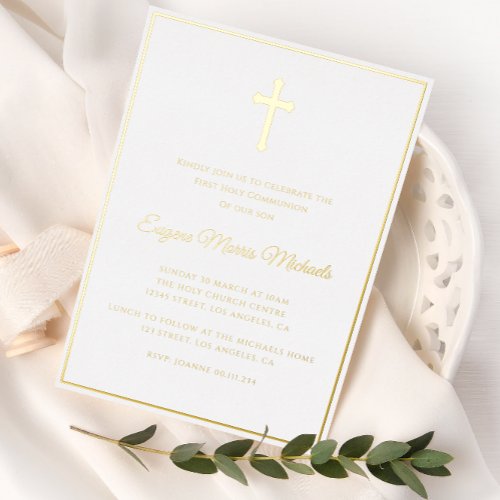 simple gold cross first communion foil invitation