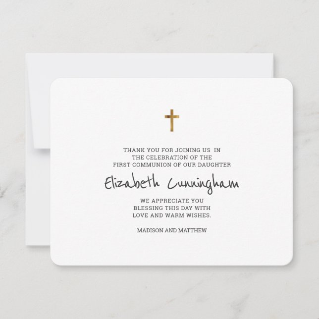 Simple Gold Cross First Communion Thank You Card (Front)