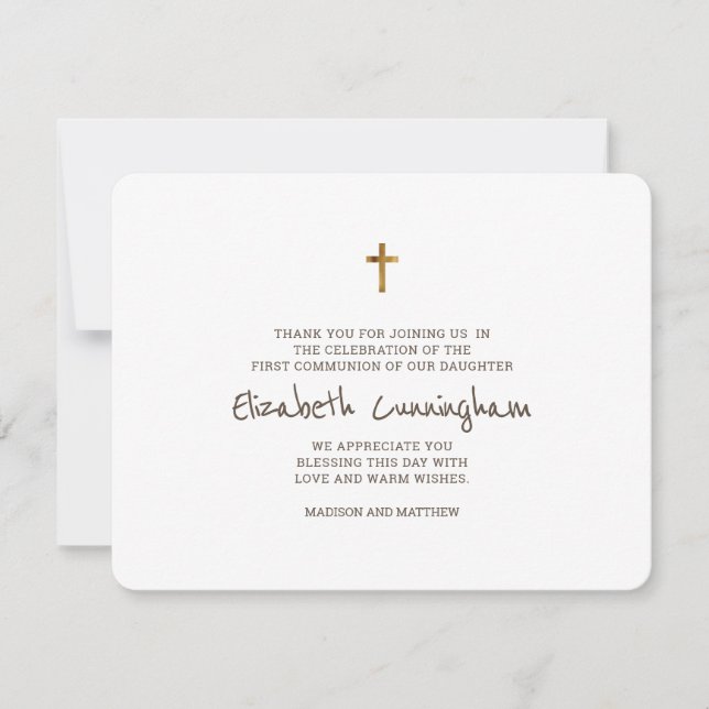 Simple Gold Cross First Communion Thank You Card (Front)