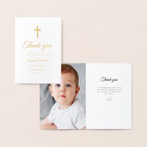 simple gold cross first communion thank you card