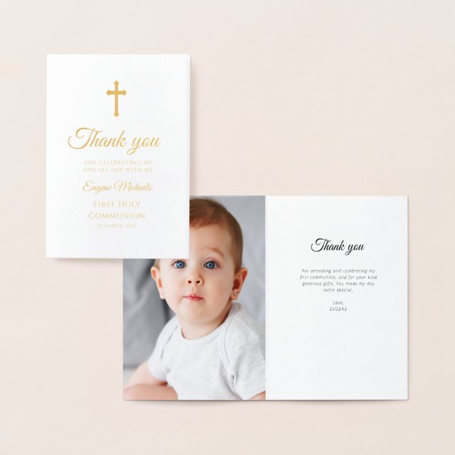 simple gold cross first communion thank you card (Display)