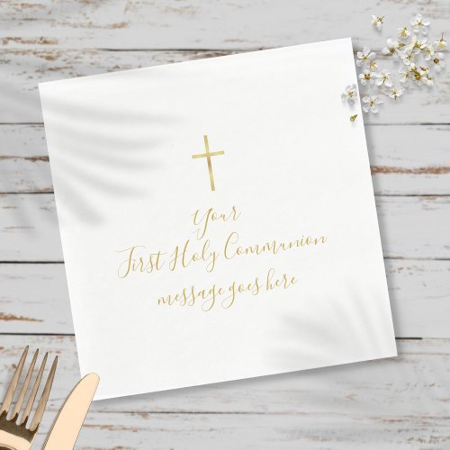 Simple Gold Cross First Holy Communion Message Napkins