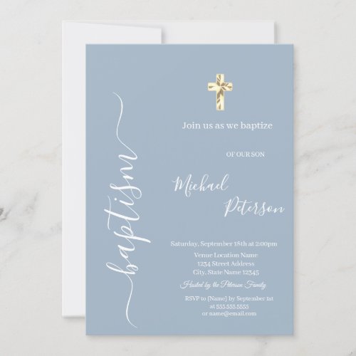 Simple Gold Cross Minimalist Baptism Dusty Blue Invitation