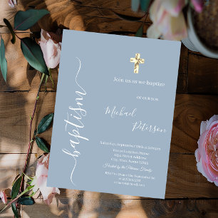 Simple Gold Cross Minimalist Baptism Dusty Blue Invitation