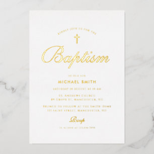 simple gold cross modern baptism invitation foil invitation