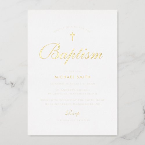 simple gold cross modern baptism invitation foil invitation
