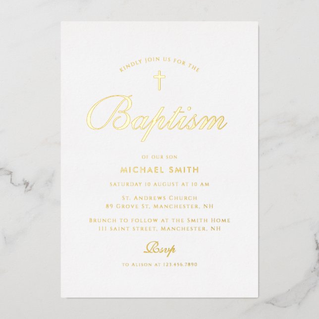 simple gold cross modern baptism invitation foil invitation (Front)