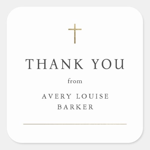 Simple Gold Cross Photo Baptism Thank You Favor  Square Sticker