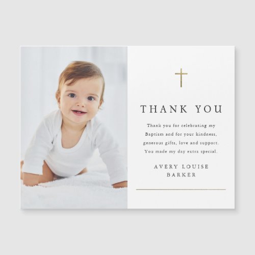Simple Gold Cross Photo Baptism Thank You Magnet