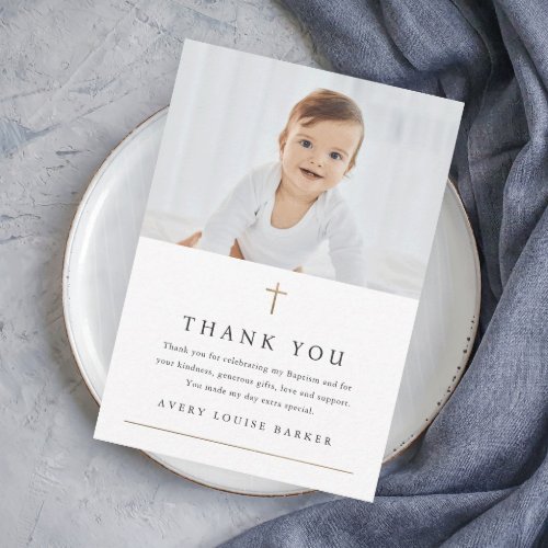 Simple Gold Cross Photo Religious Baptism Thank You Card