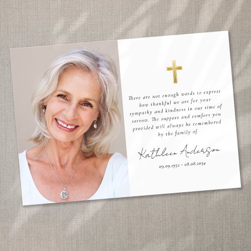 Simple Gold Cross Photo Sympathy Funeral Thank You Card