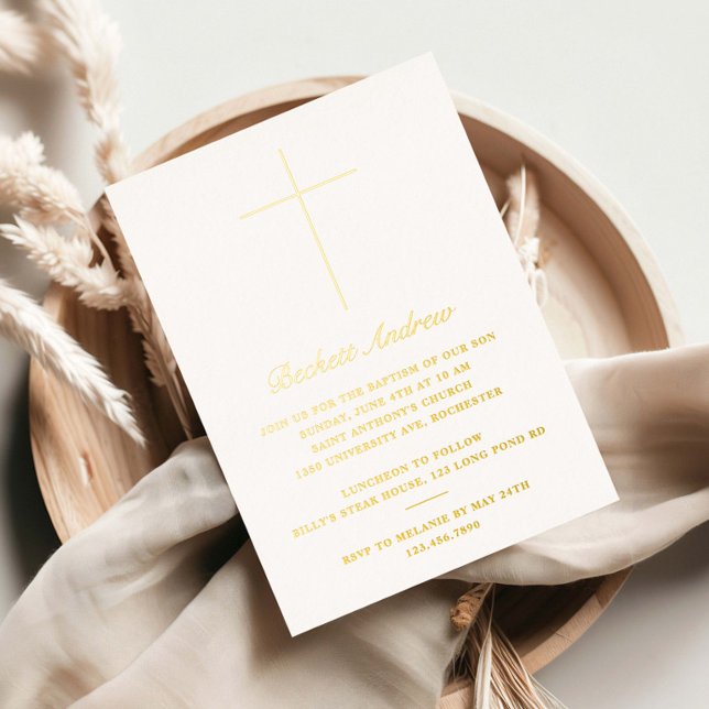 Simple Gold Cross Script Baptism Foil Invitation (Elegant, simple real gold pressed foil baptism, christening or first holy communion inivitations. )