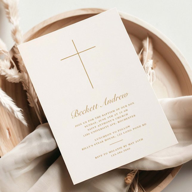 Simple Gold Cross Script Baptism Invitation (Elegant, simple cross gold baptism invitations.)