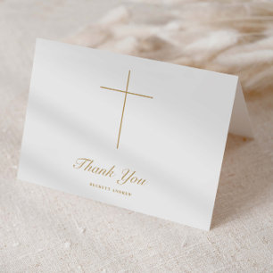 Simple Gold Cross Script Baptism Letterpress Thank You Card