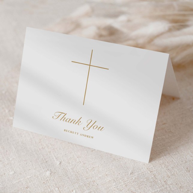 Simple Gold Cross Script Baptism Letterpress Thank You Card (Elegant, simple cross religious baptism folded thank you cards.)
