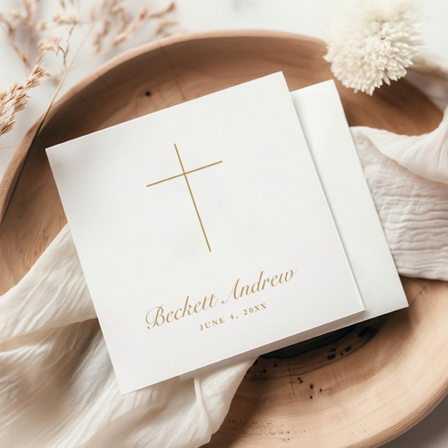 Simple Gold Cross Script Baptism Napkins (Simple Gold Cross Script Baptism, Christening or First Holy Communion Napkins.)