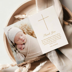 Simple Gold Cross Script Baptism Photo Thank You Card