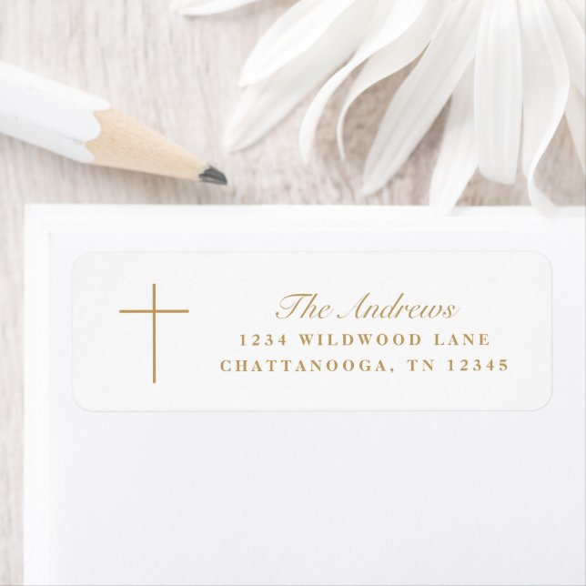 Simple Gold Cross Script Baptism Return Address Label (Insitu)