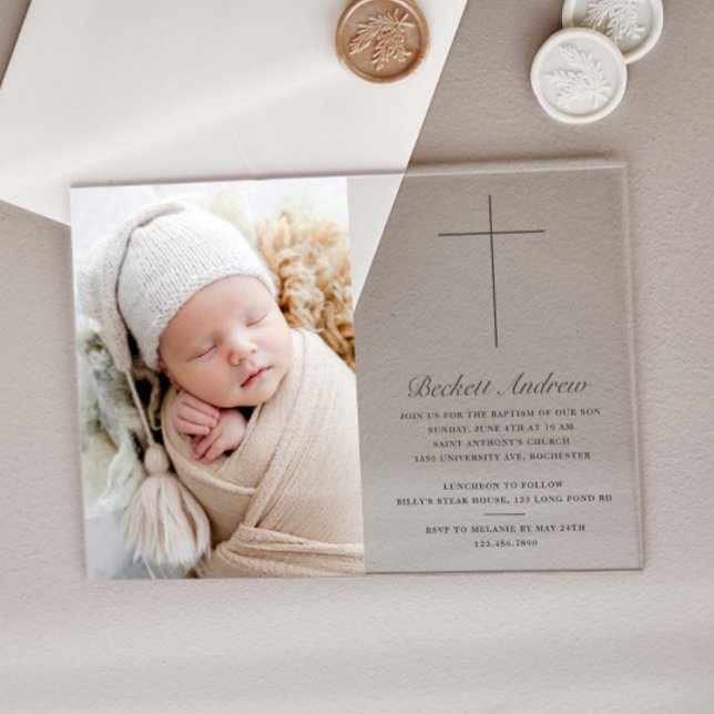 Simple Gold Cross Script Photo Baptism Acrylic Invitations (Elegant, simple cross acrylic photo baptism invitations.)