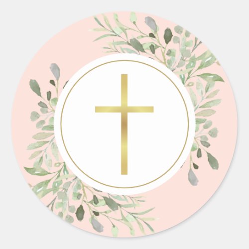 Simple Gold Cross Watercolor Greenery Blush Pink Classic Round Sticker