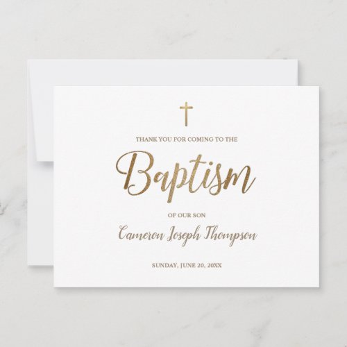 Simple Gold Cross White Baby Boy Thank You Baptism Postcard